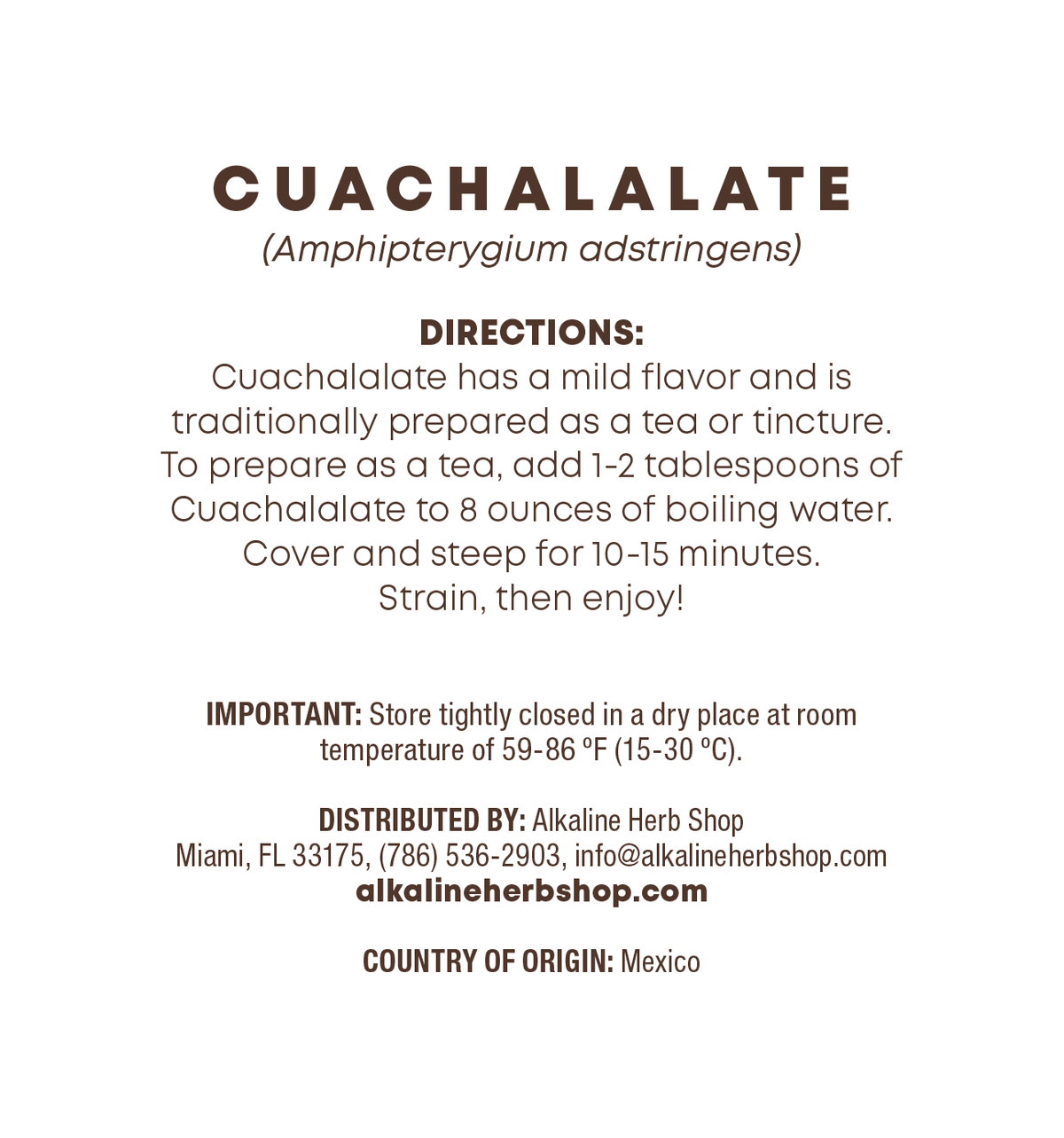 Cuachalalate Bark back label, ingredients and directions