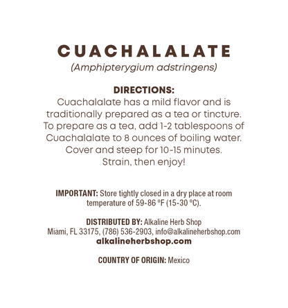 Cuachalalate Bark back label, ingredients and directions