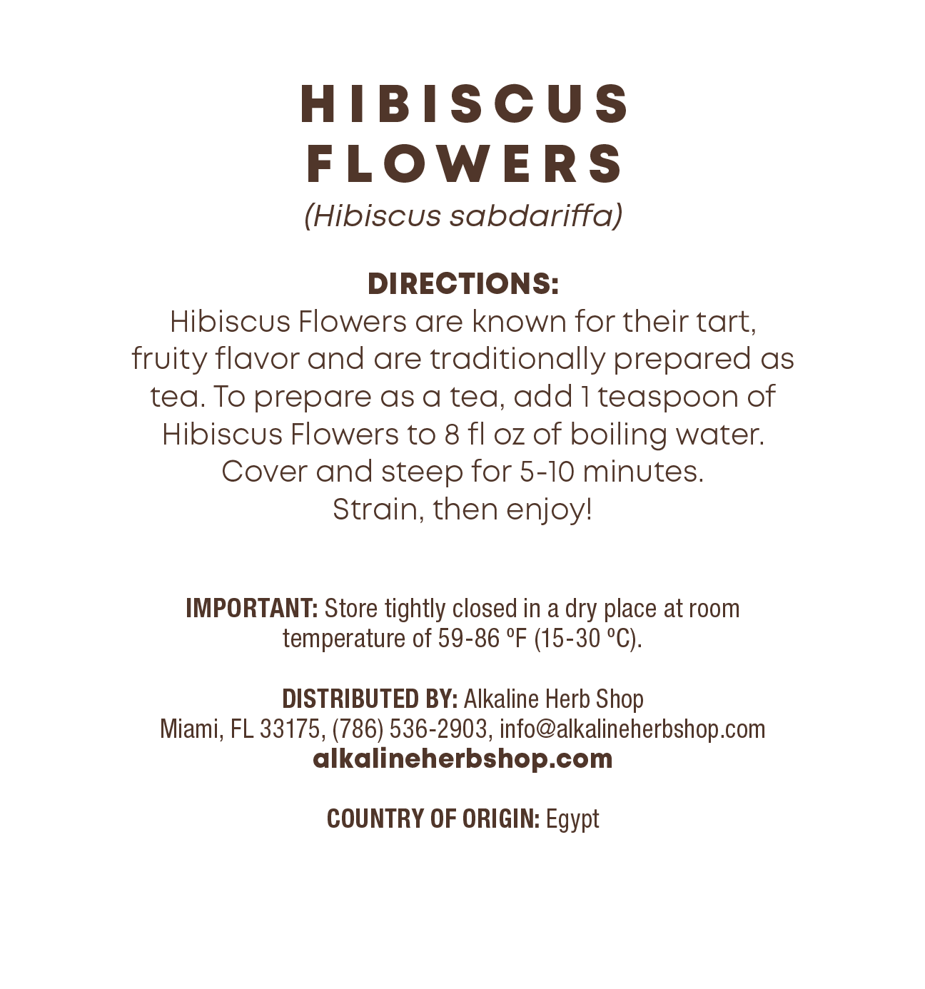 Hibiscus flowers back label, ingredients and directions