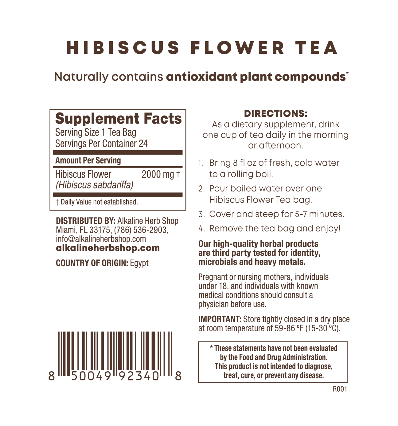 Hibiscus Flower Tea 24 unbleached tea bags, back of tube