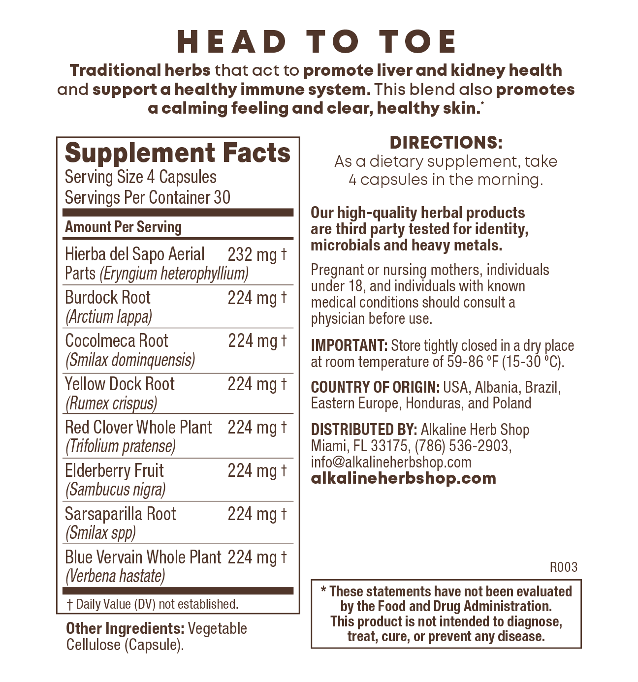 Head to Toe Supplement 120 Capsules (Happy Healthy Body)