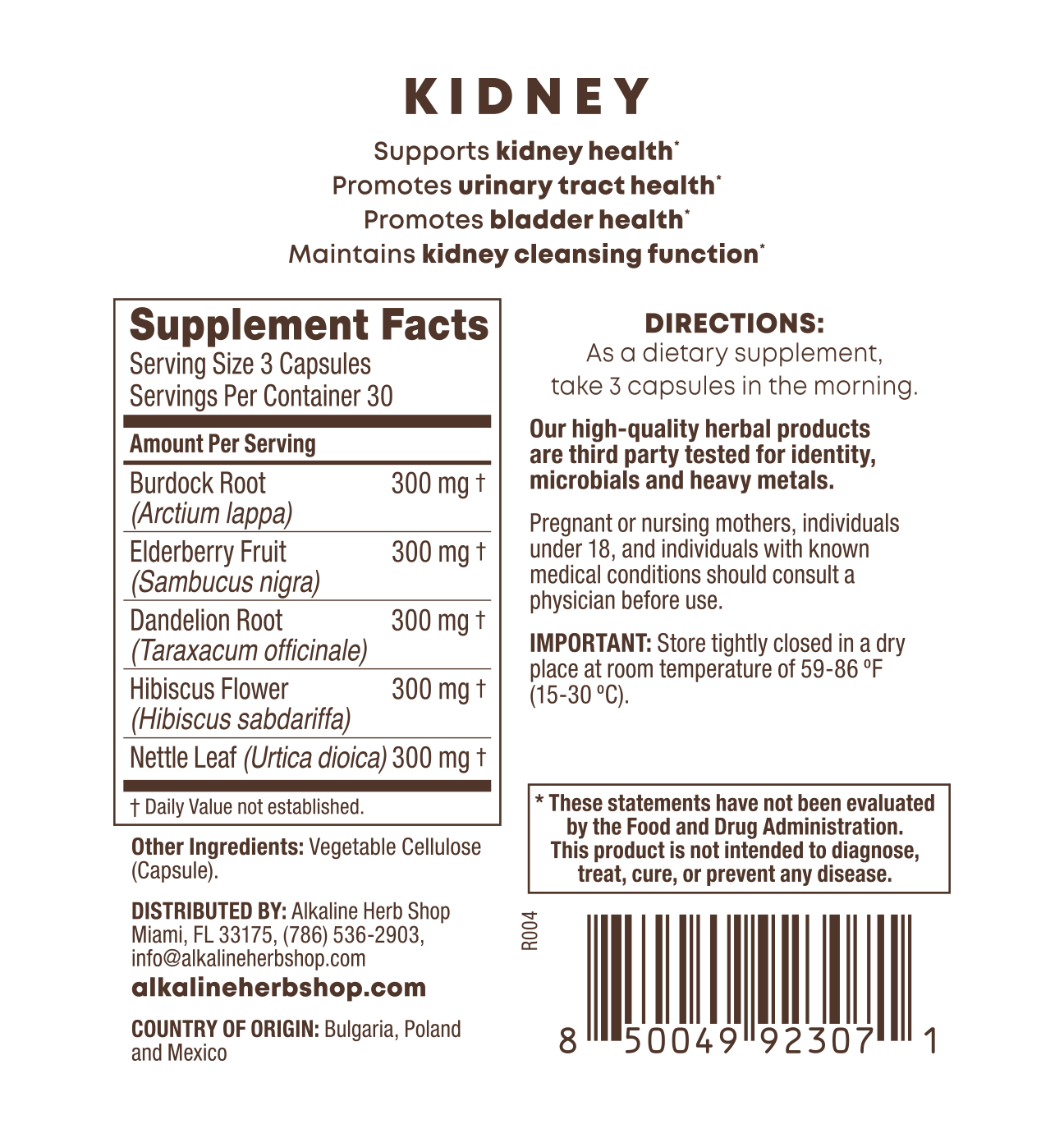 Kidney 90 capsules, supplement facts panel