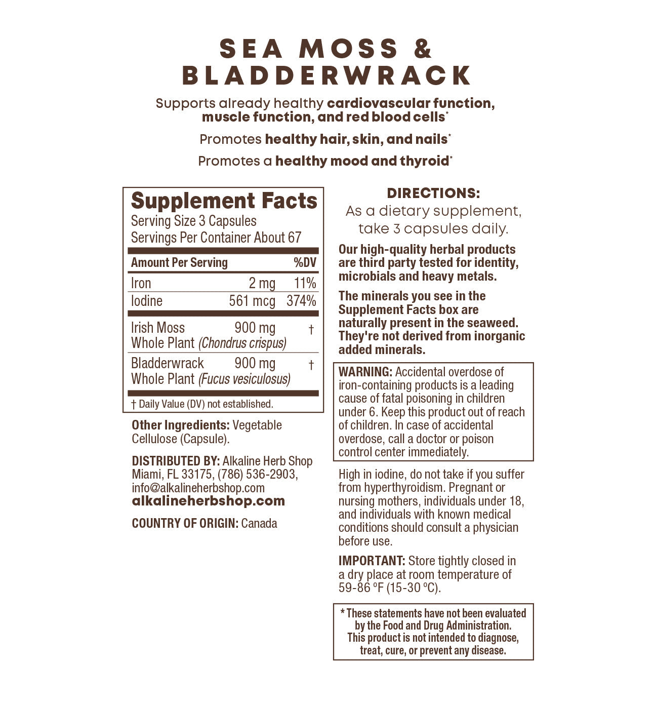 Sea Moss and Bladderwrack 200 capsules, supplement facts panel