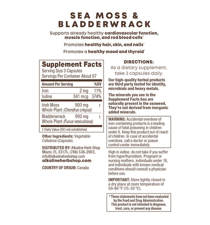 Sea Moss and Bladderwrack 200 capsules, supplement facts panel