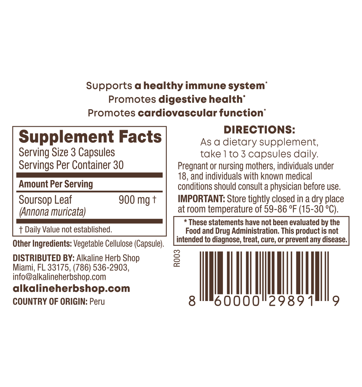 Soursop Leaf 90 capsules, supplement facts panel