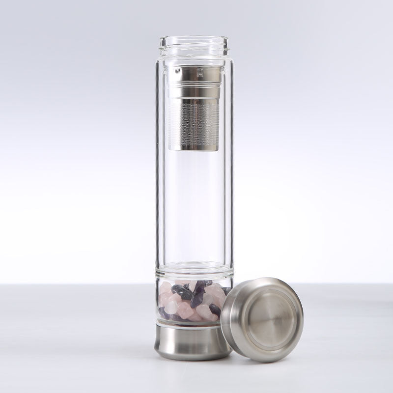 Double Walled Crystal Glass Gemstone Tea Infuser Bottle