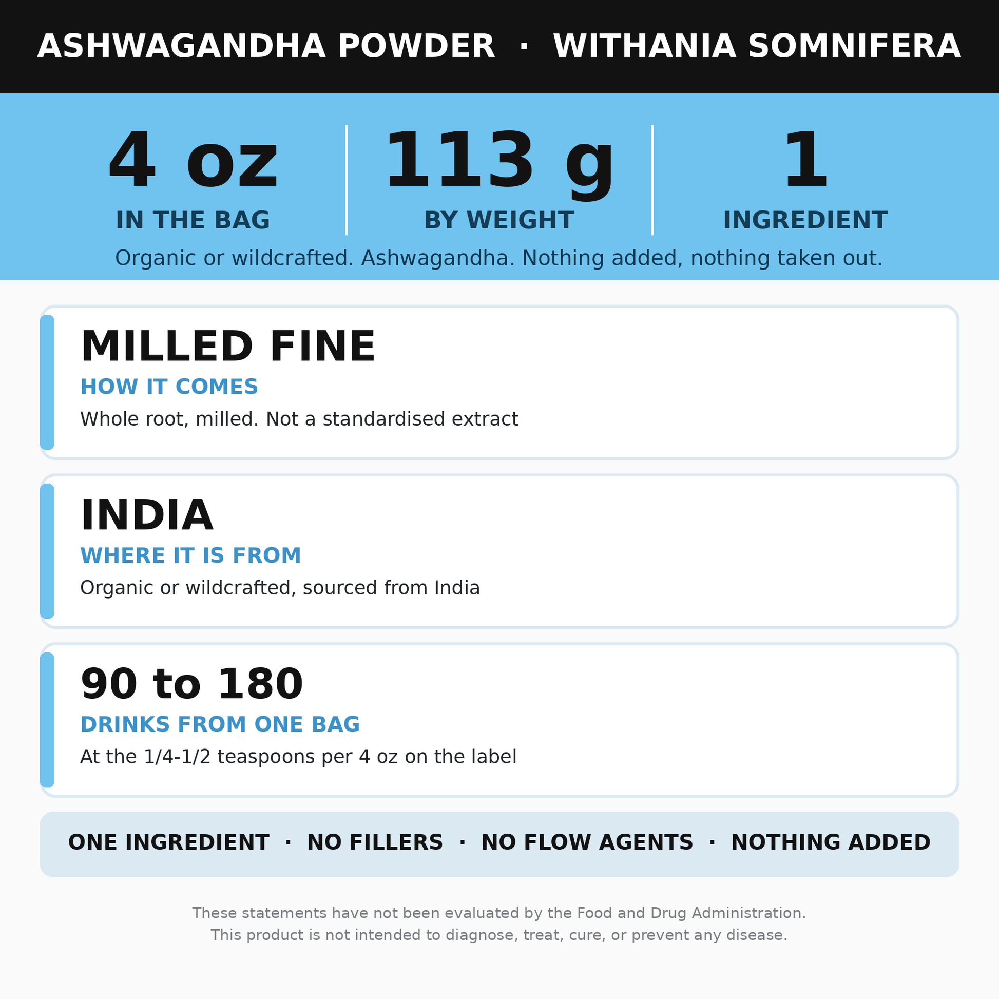Ashwagandha Powder, 4 oz (Organic Withania Somnifera Root)