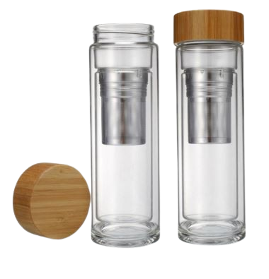 Double Wall Glass Drink Stainless Steel Tea Infuser Water Bottle Bamboo 17 oz