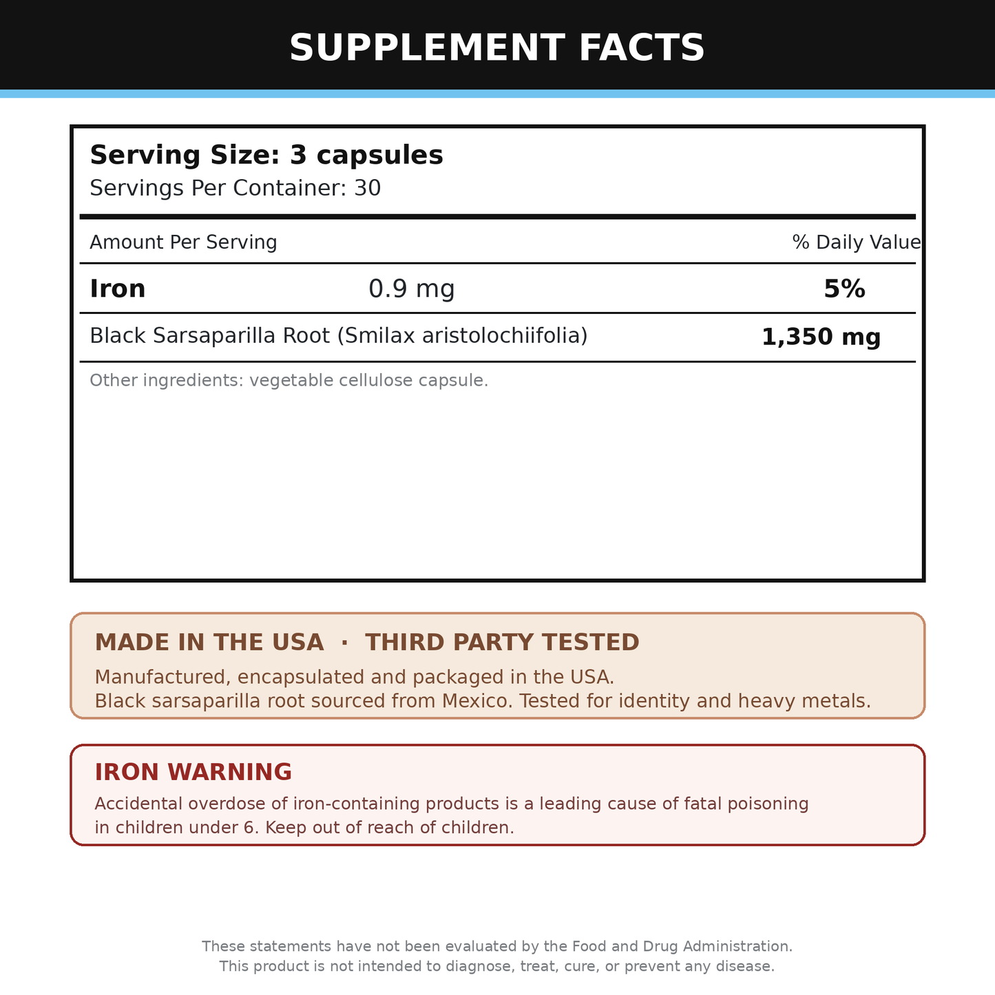 Black Sarsaparilla Capsules, 90 Count Supplement (Zarzaparrilla)
