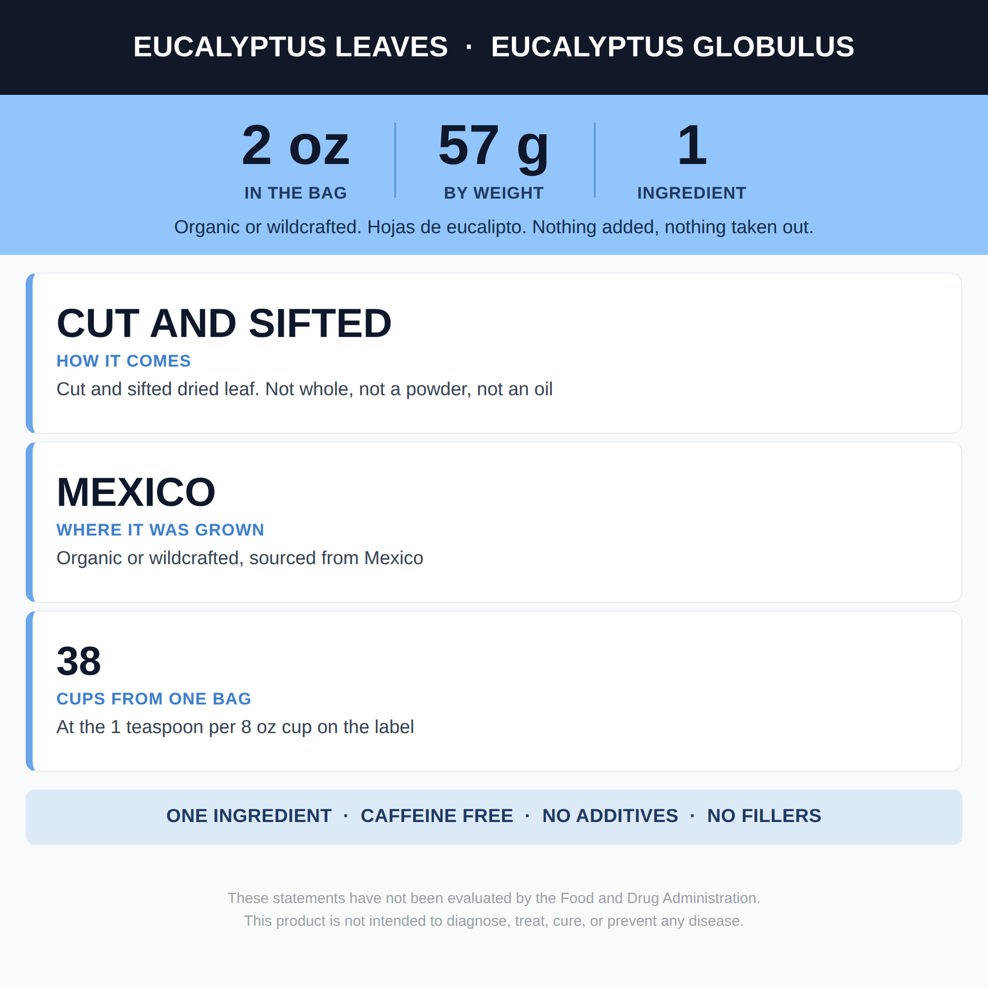 Dried Eucalyptus Leaves Cut and Sifted 2 oz (Hojas de Eucalipto) for Eucalyptus Tea