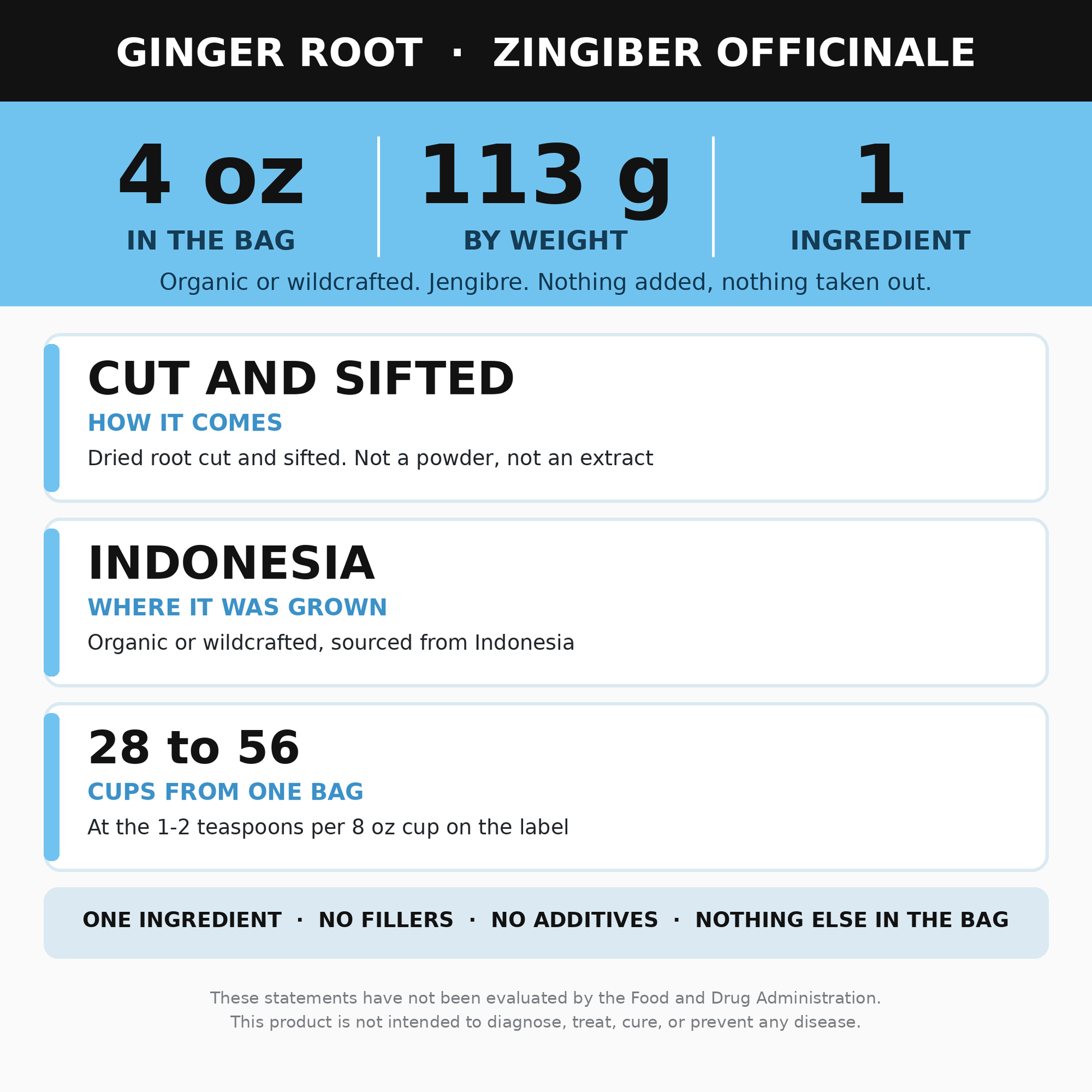 Ginger Root Cut and Sifted 4 oz (Jengibre, Dried Ginger) for Ginger Root Tea