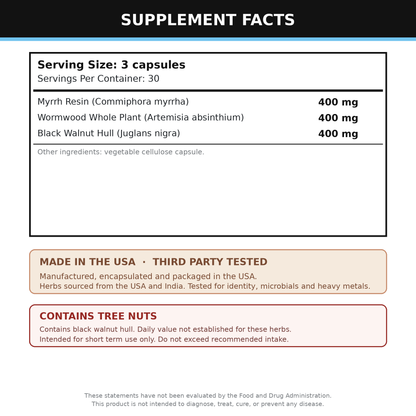 Gut Supplement 90 Capsules (Black Walnut, Wormwood and Myrrh)