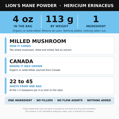 Lion's Mane Mushroom Powder 4 oz (Melena de León) for Coffee
