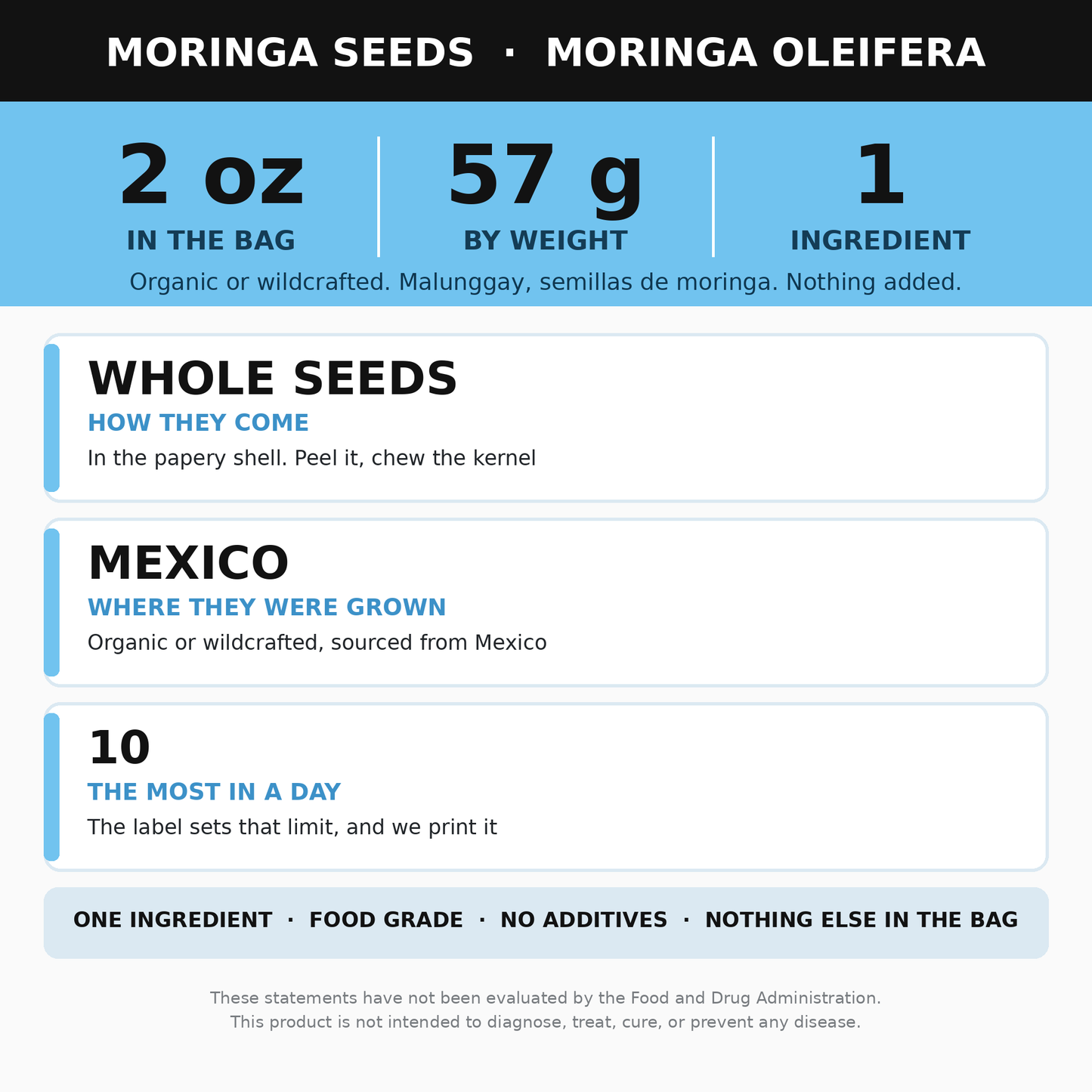 Moringa Seeds 2 oz to Eat (Malunggay, Semillas de Moringa)