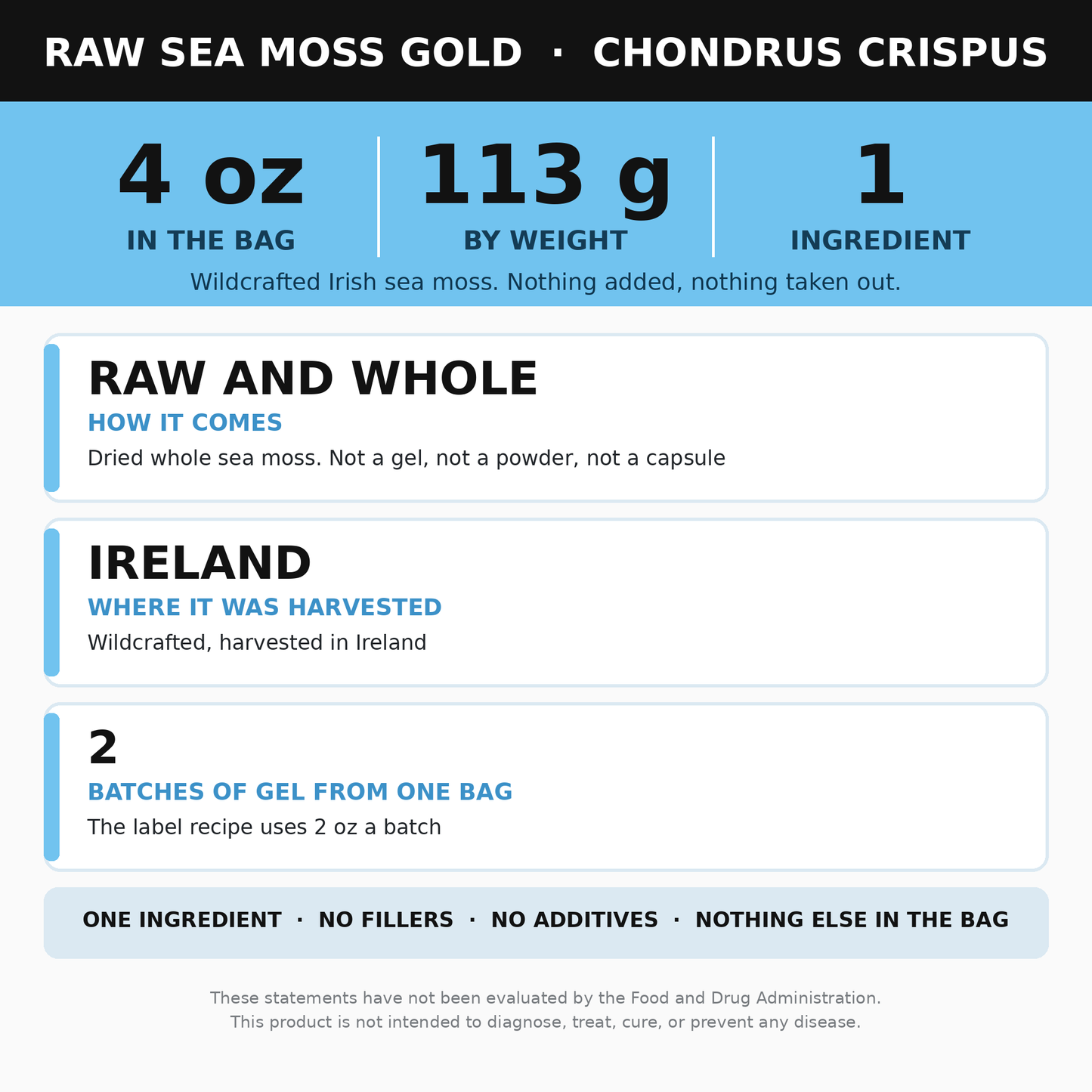 Raw Gold Sea Moss 4 oz (Chondrus Crispus, Irish Sea Moss)