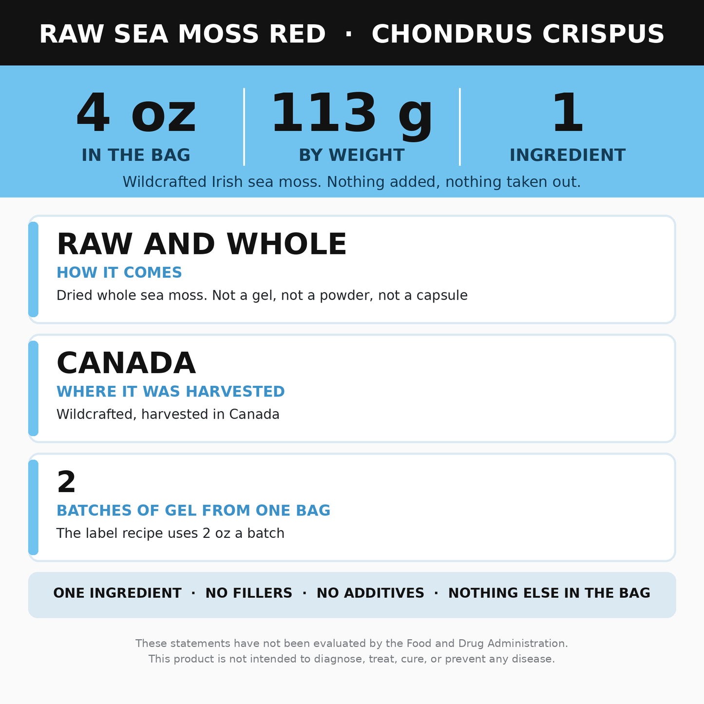 Raw Red Sea Moss 4 oz (Chondrus Crispus, Irish Sea Moss)