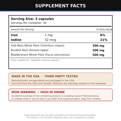 Sea Moss, Bladderwrack and Burdock Root Supplement 90 Capsules (Irish Sea Moss)
