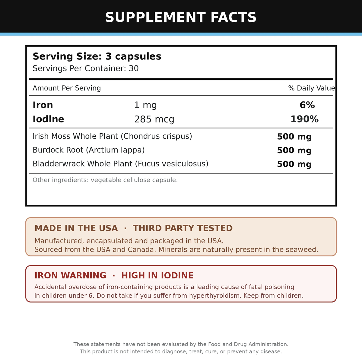 Sea Moss, Bladderwrack and Burdock Root Supplement 90 Capsules (Irish Sea Moss)