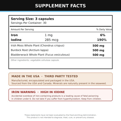 Sea Moss, Bladderwrack and Burdock Root Supplement 90 Capsules (Irish Sea Moss)