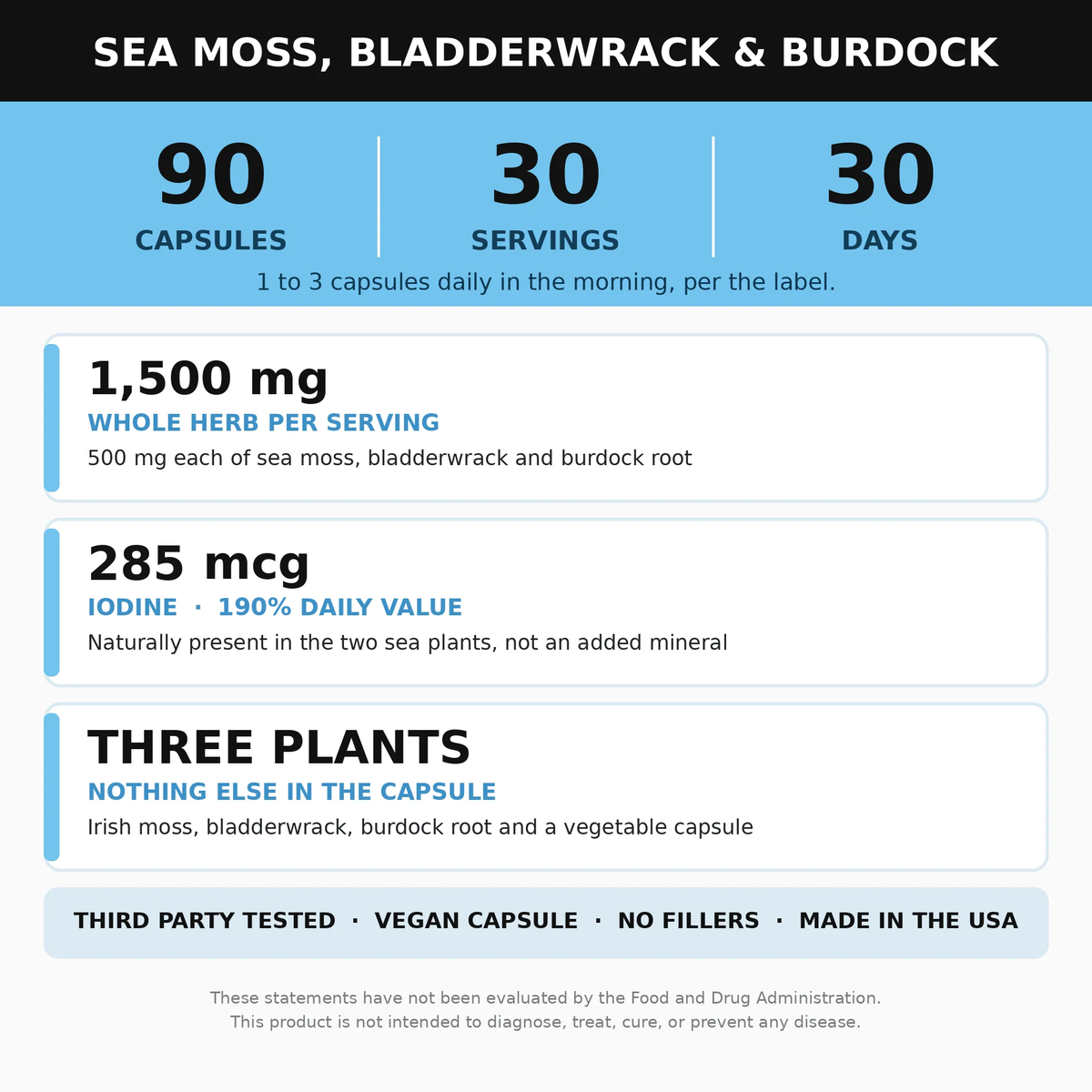Sea Moss, Bladderwrack and Burdock Root Supplement 90 Capsules (Irish Sea Moss)