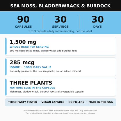Sea Moss, Bladderwrack and Burdock Root Supplement 90 Capsules (Irish Sea Moss)