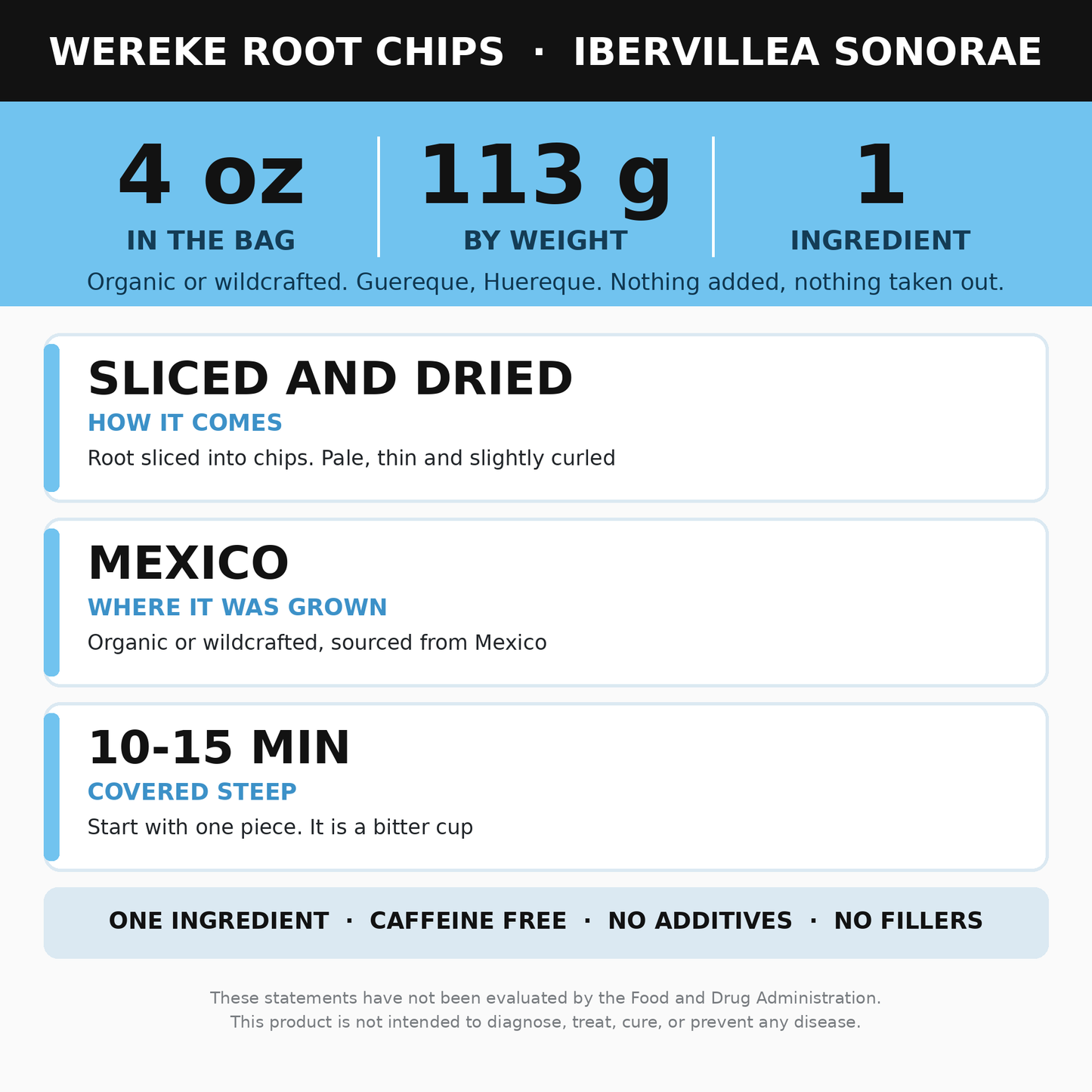 Wereke Root Chips 4 oz (Guereque, Huereque) for Tea