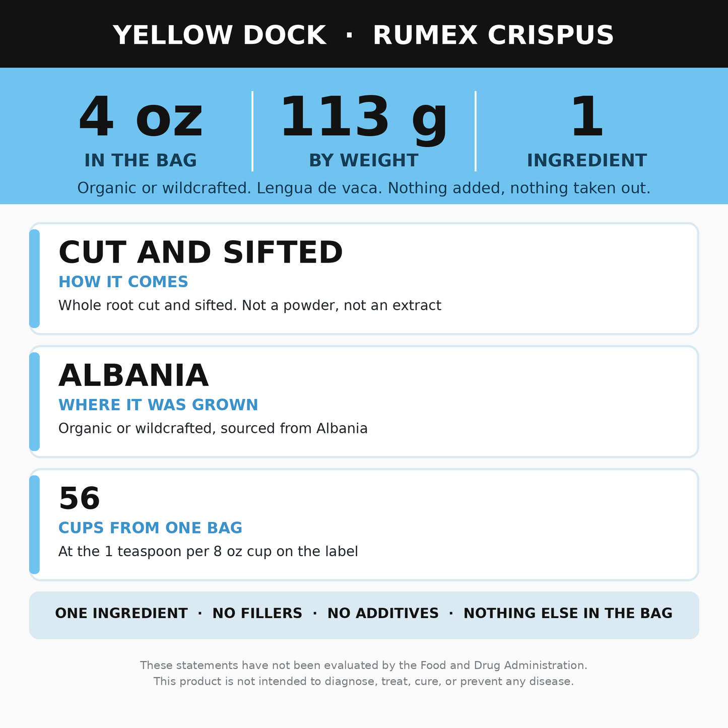 Yellow Dock Root 4 oz Cut and Sifted (Lengua de Vaca, Rumex Crispus)
