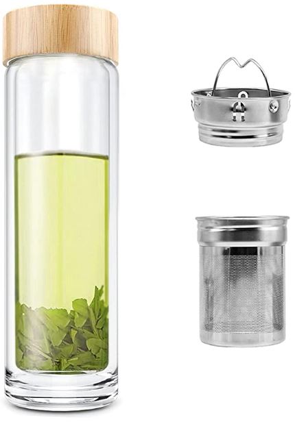 Double Wall Glass Drink Stainless Steel Tea Infuser Water Bottle Bamboo 17 oz