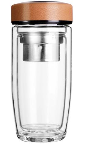 Tea Infuser Glass Water Bottle (12 oz) with Strainer (Brown)