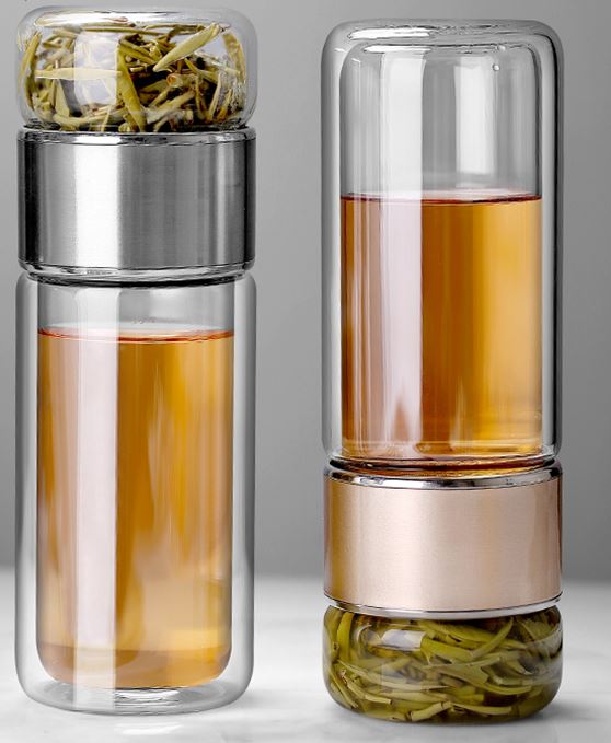 Glass Tea Strainer Leak-Proof, Tumbler Water Separation Tea Filter Cup 10 oz Silver
